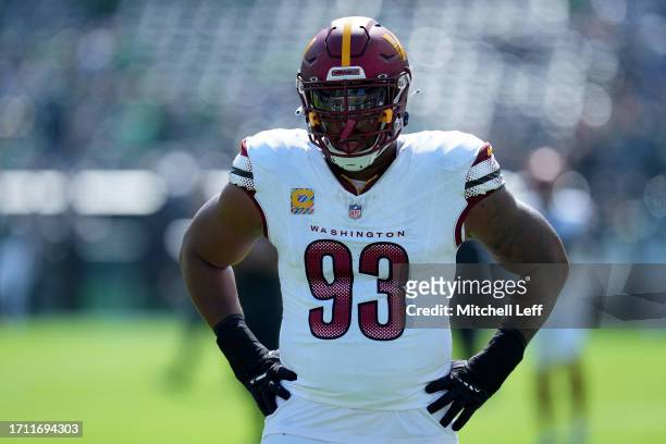 Jonathan Allen of the Washington Commanders warms up before the game against the Philadelphia Eagles at Lincoln Financial Field on October 01, 2023...