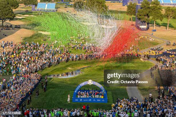 Luke Donald, Captain of Team Europe lifts the Ryder Cup trophy following victory with 16 and a half to 11 and a half win during the during the Sunday...