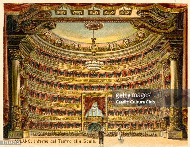 In Milan Interior. Auditorium. Stage looking onto audience. Tiers around theatre
