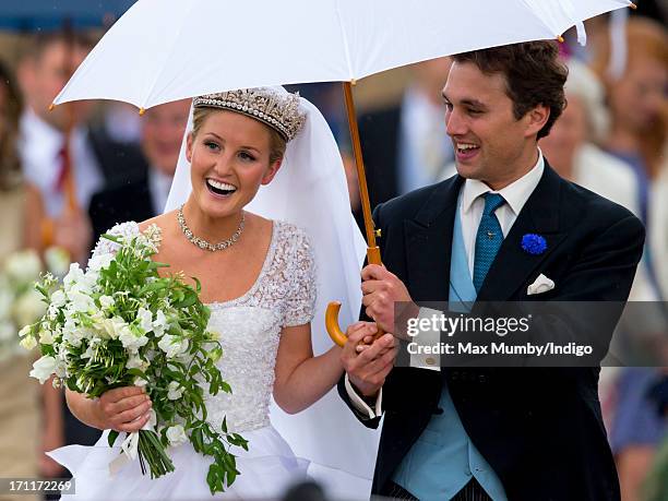 Lady Melissa Percy and Thomas Van Straubenzee leave St Michael's Church after their wedding on June 22, 2013 in Alnwick, England.