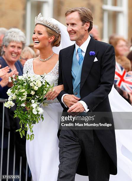 Lady Melissa Percy escorted by her father Ralph Percy, Duke of Northumberland arrive at St Michael's Church for her wedding on June 22, 2013 in...