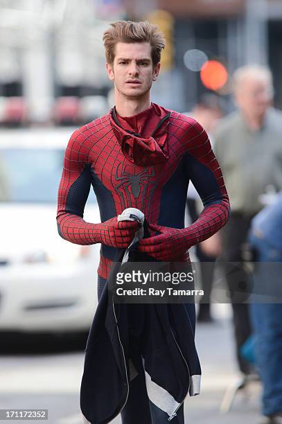 Actor Andrew Garfield leaves the "The Amazing Spiderman 2" movie set in Madison Square Park on June 22, 2013 in New York City.