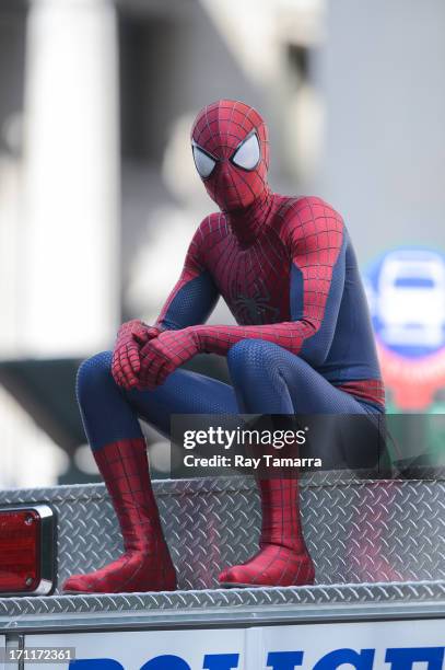 Actor Andrew Garfield at the "The Amazing Spiderman 2" movie set in Madison Square Park on June 22, 2013 in New York City.