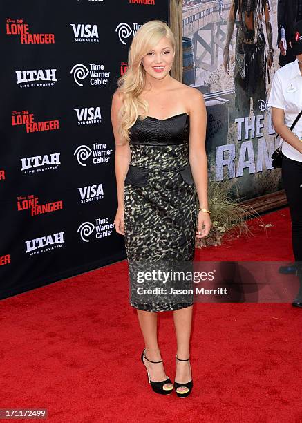 Actress Olivia Holt attends the premiere of Walt Disney Pictures' "The Lone Ranger" at Disney California Adventure Park on June 22, 2013 in Anaheim,...