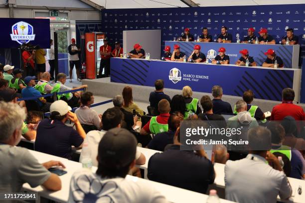 Team United States speak in a press conference following the Sunday singles matches of the 2023 Ryder Cup at Marco Simone Golf Club on October 01,...