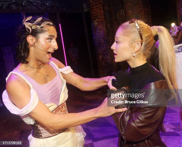 Ariana Grande and Matt Raffy speak backstage at the new Max Martin musical "& Juliet" on Broadway at The Stephen Sondheim Theatre on September 30,...