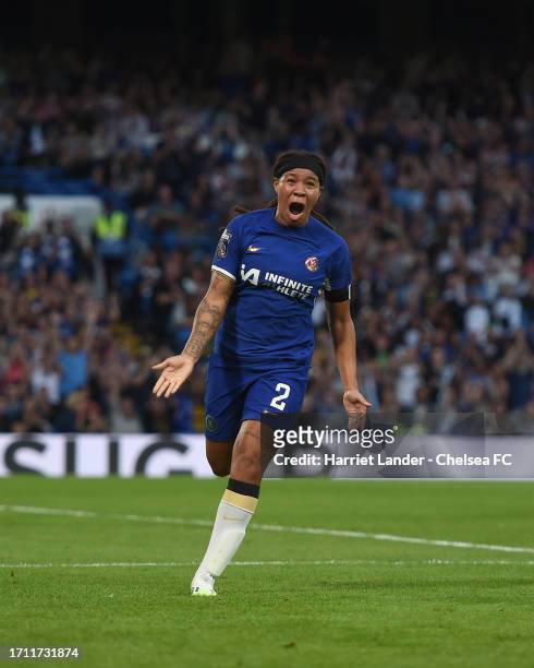 Mia Fishel of Chelsea celebrates after scoring her team's first goal during the Barclays Women´s Super League match between Chelsea FC and Tottenham...