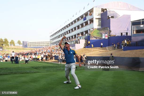 Nicolas Colsaerts, Vice Captain of Team Europe celebrates on the first tee ahead of the trophy presentation following the Sunday singles matches of...