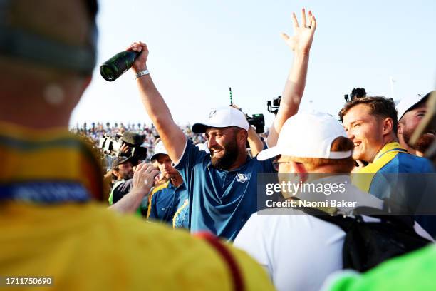 Jon Rahm of Team Europe celebrates victory following the Sunday singles matches of the 2023 Ryder Cup at Marco Simone Golf Club on October 01, 2023...