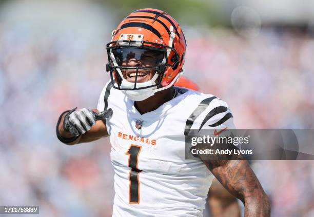 Ja'Marr Chase of the Cincinnati Bengals celebrates against the Tennessee Titans during the first quarter at Nissan Stadium on October 01, 2023 in...