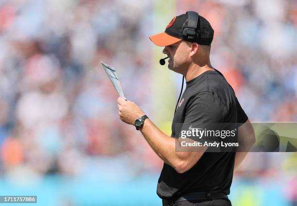 Head coach Zac Taylor of the Cincinnati Bengals looks on against the Tennessee Titans during the first quarter at Nissan Stadium on October 01, 2023...