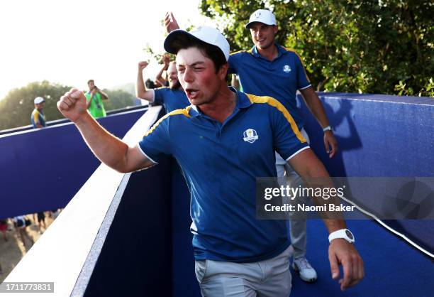 Viktor Hovland of Team Europe celebrates victory following the Sunday singles matches of the 2023 Ryder Cup at Marco Simone Golf Club on October 01,...