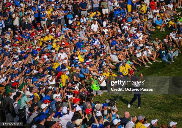 Max Homa of Team United States plays a shot on the 18th hole during the Sunday singles matches of the 2023 Ryder Cup at Marco Simone Golf Club on...