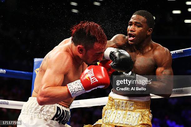 Adrien Broner lands a punch on Paulie Malignaggi during their WBA Welterweight Title bout at Barclays Center on June 22, 2013 in the Brooklyn borough...