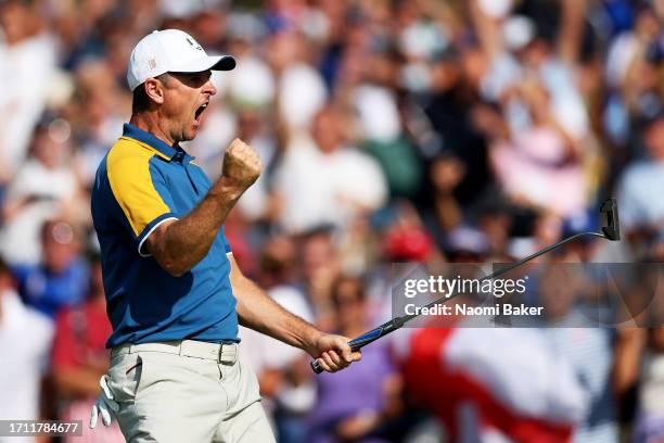 Justin Rose of Team Europe celebrates on the 15th green during the Sunday singles matches of the 2023 Ryder Cup at Marco Simone Golf Club on October...