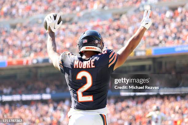 Moore of the Chicago Bears celebrates a second quarter touchdown against the Denver Broncos at Soldier Field on October 01, 2023 in Chicago, Illinois.
