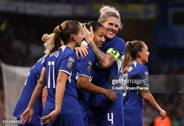 Lauren James of Chelsea celebrates with teammate Millie Bright after scoring the team's second goal during the Barclays Women's Super League match...