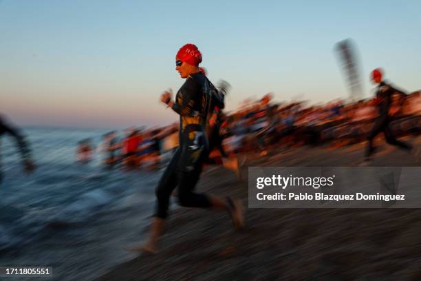 Athletes starts the swim leg during IRONMAN 70.3 Barcelona on October 01, 2023 in Calella, Spain.