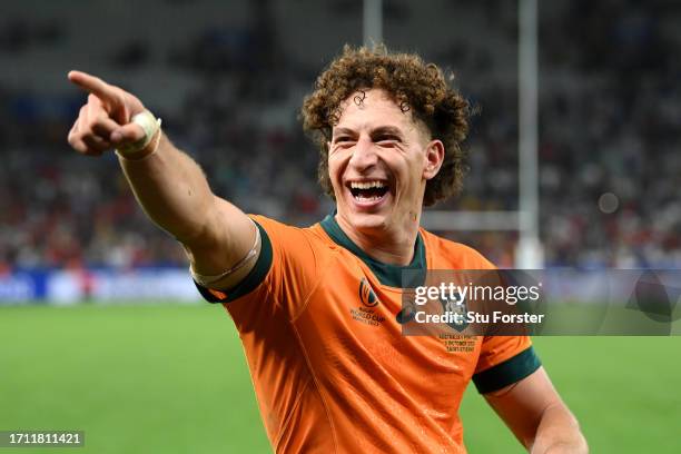 Mark Nawaqanitawase of Australia celebrates victory at full-time following the Rugby World Cup France 2023 match between Australia and Portugal at...