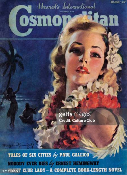 Cosmopolitan Magazine cover. March 1939 issue. Girl with blonde hair and Hawaiian flower lei - illustration for story inside the magazine.