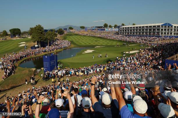 General view of the 16th green as Tyrrell Hatton of Team Europe and Brian Harman of Team United States finish their round during the Sunday singles...