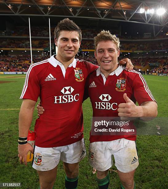 Tom Youngs and his brother Ben Youngs of the Lions celebrate their victory during the First Test match between the Australian Wallabies and the...