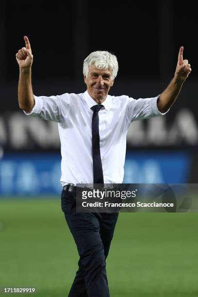 Gian Piero Gasperini Coach of Atalanta BC celebrates during the Serie A TIM match between Atalanta BC and Juventus at Gewiss Stadium on October 01,...