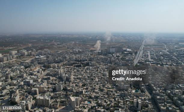 An aerial view of destroyed area after 8 civilians died in the attack carried out by the Syrian army in the countryside of Idlib and Aleppo, Syria on...