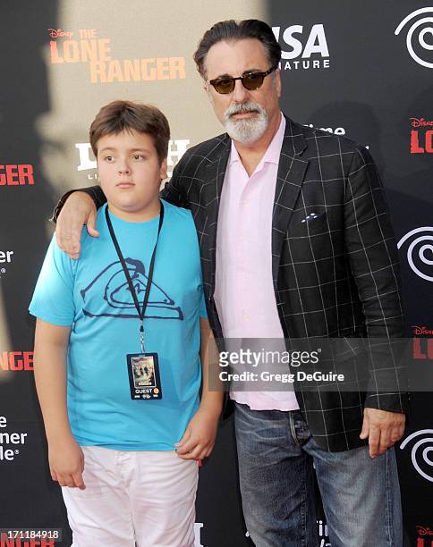 Actor Andy Garcia and son arrive at "The Lone Ranger" World Premiere at Disney's California Adventure on June 22, 2013 in Anaheim, California.