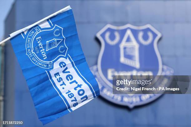 General view of a small flag with the Everton crest behind before the Premier League match at Goodison Park, Liverpool. Picture date: Saturday...