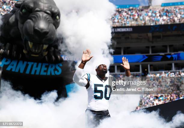 Justin Houston of the Carolina Panthers takes the field prior to a game against the Minnesota Vikings at Bank of America Stadium on October 01, 2023...