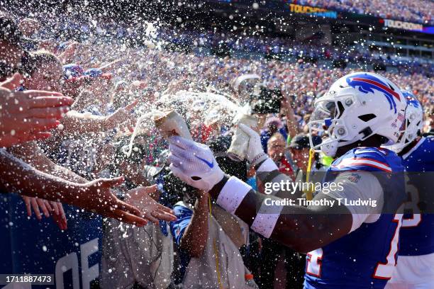 Stefon Diggs of the Buffalo Bills celebrates his touchdown reception against the Miami Dolphins during the second quarter at Highmark Stadium on...