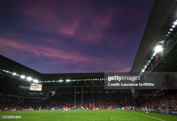 General view of play during the Rugby World Cup France 2023 match between Australia and Portugal at Stade Geoffroy-Guichard on October 01, 2023 in...