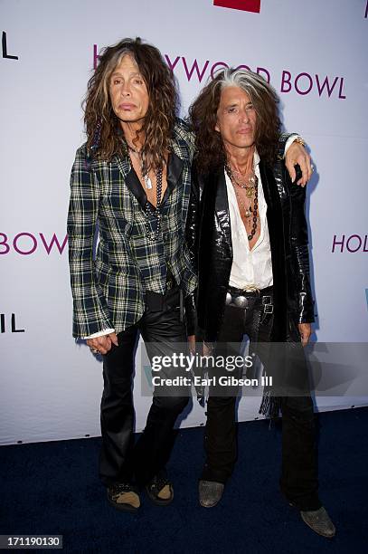Steven Tyler and Joe Perry of Aerosmith attend the Hollywood Bowl Hall Of Fame Opening Night at The Hollywood Bowl on June 22, 2013 in Los Angeles,...