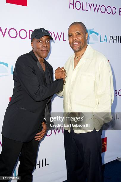 Arsenio Hall and Eriq La Salle pose for a photo at the Hollywood Bowl Hall Of Fame Opening Night at The Hollywood Bowl on June 22, 2013 in Los...