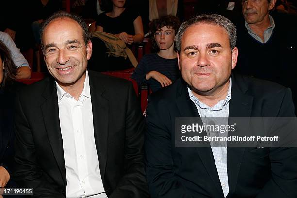 Politicians Jean-Francois Cope and Xavier Bertrand in the stand during Patrick Bruel's last concert in Paris, held at Palais Omnisports de Bercy on...