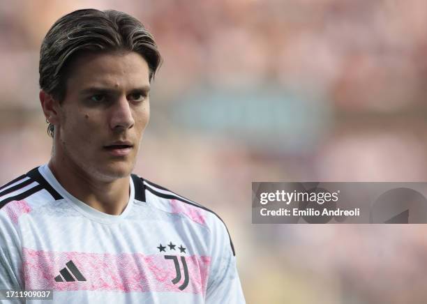 Nicolo Fagioli of Juventus looks on during the Serie A TIM match between Atalanta BC and Juventus at Gewiss Stadium on October 01, 2023 in Bergamo,...