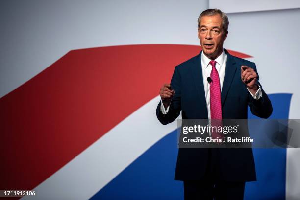 Founding member and former Reform Party leader, Nigel Farage, speaks at the Reform Party annual conference on October 7, 2023 in London, England. The...