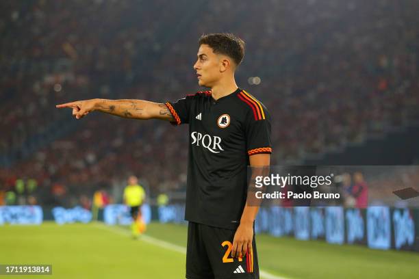 Paulo Dybala of AS Roma gestures during the Serie A TIM match between AS Roma and Frosinone Calcio at Stadio Olimpico on October 01, 2023 in Rome,...