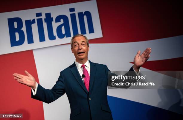 Founding member and former Reform Party leader, Nigel Farage, speaks at the Reform Party annual conference on October 7, 2023 in London, England. The...