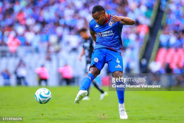 Willer Ditta of Cruz Azul kicks the ball during the 9th round match between Cruz Azul and Queretaro as part of the Torneo Apertura 2023 Liga MX at...