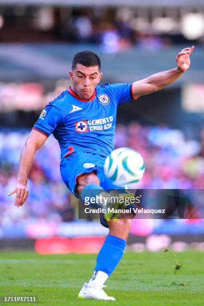 Erik Lira of Cruz Azul kicks the ball during the 9th round match between Cruz Azul and Queretaro as part of the Torneo Apertura 2023 Liga MX at...