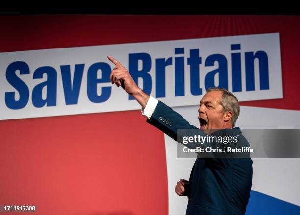 Founding member and former Reform Party leader, Nigel Farage, speaks at the Reform Party annual conference on October 7, 2023 in London, England. The...