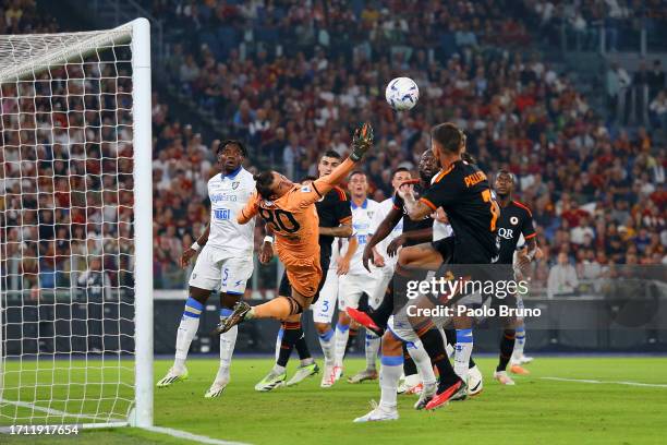 Stefano Turati of Frosinone makes a save during the Serie A TIM match between AS Roma and Frosinone Calcio at Stadio Olimpico on October 01, 2023 in...