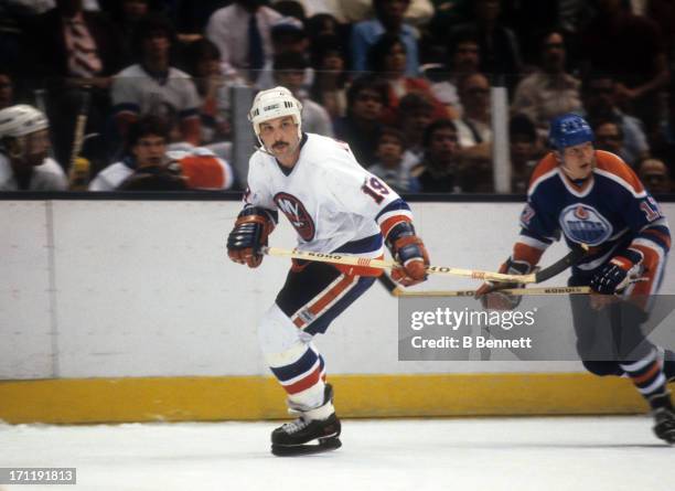 Bryan Trottier of the New York Islanders skates on the ice against the Edmonton Oilers during the 1984 Stanley Cup Finals in May, 1984 at the Nassau...