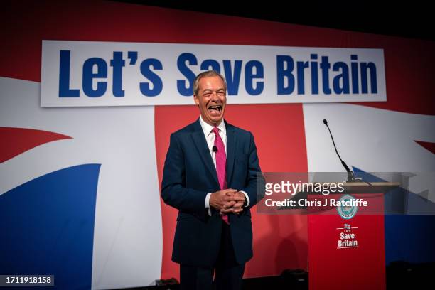 Founding member and former Reform Party leader, Nigel Farage, speaks at the Reform Party annual conference on October 7, 2023 in London, England. The...