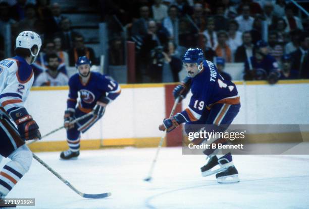 Bryan Trottier of the New York Islanders skates on the ice during the 1984 Stanley Cup Finals against the Edmonton Oilers in May, 1984 at the...