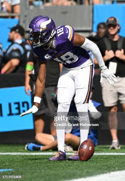 Justin Jefferson of the Minnesota Vikings celebrates a touchdown reception against the Carolina Panthers during the third quarter at Bank of America...