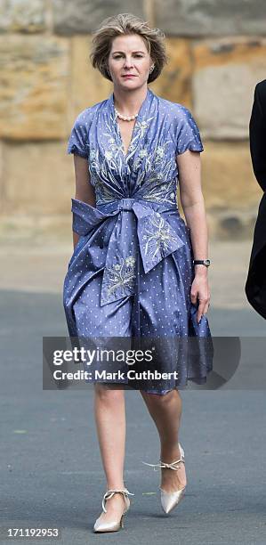 Serena, Viscountess Linley attends the wedding of Melissa Percy and Thomas van Straubenzee at Alnwick Castle on June 22, 2013 in Alnwick, England.