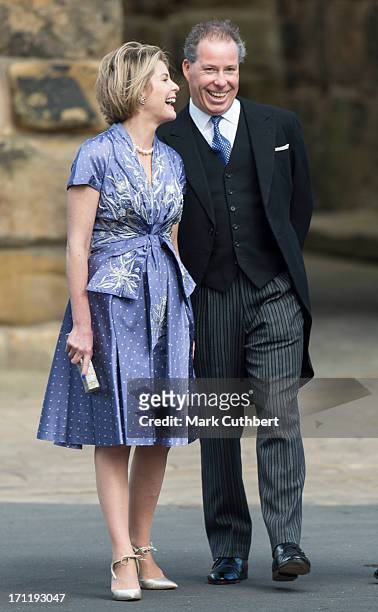 Serena, Viscountess Linley and David, Viscount Linley attend the wedding of Melissa Percy and Thomas van Straubenzee at Alnwick Castle on June 22,...